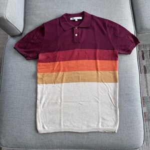 Parke & Ronen Knit Striped Colorblock Polo Red Yellow Orange Oatmeal